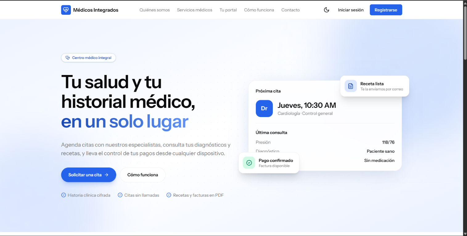 Vista de la plataforma Médicos Integrados con citas y datos de atención